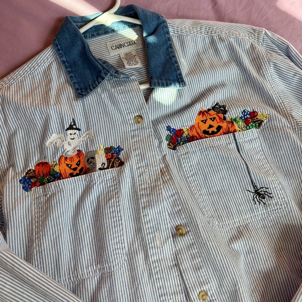 Halloween Embroidered Button-Down Shirt with Denim Collar